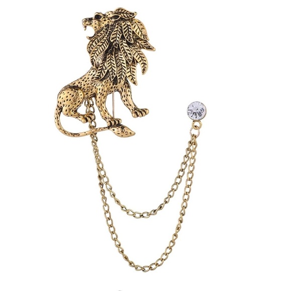Crystal Lion Brooch Animal Tassel Chain Lapel Pins For Men - Picture 2 of 5